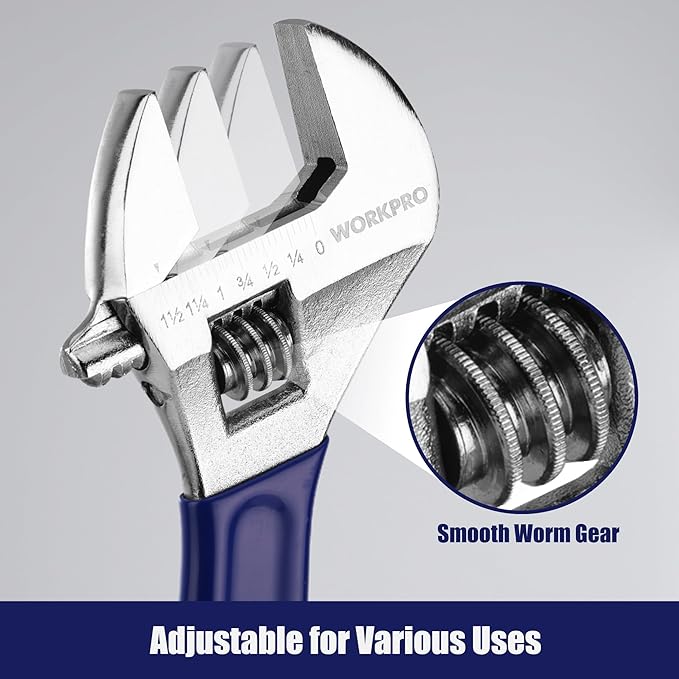 WORKPRO Adjustable Wrench Set, 6-inch, 8-inch, 10-inch, 12-inch Wide Jaw Wrenches with SAE and Metric Scales, Rubber Grip, Heat-Treated Steel for Home Repairs, Plumbing, and Garage Work