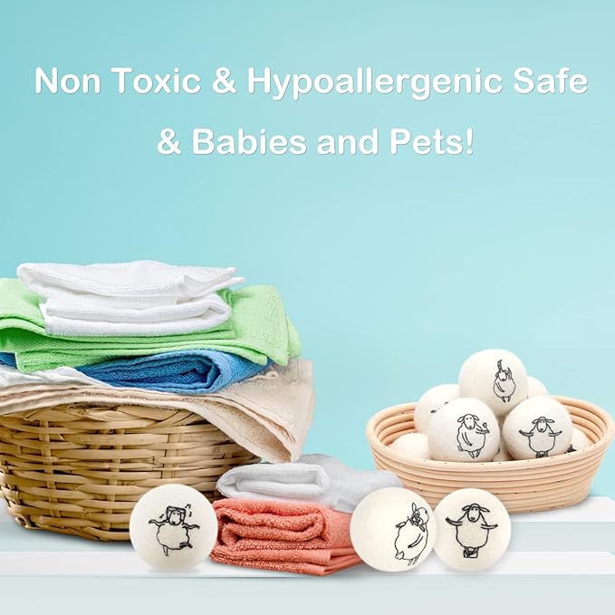 Wool Dryer Balls, 8PCS Dryer Balls with Happy Sheep - Natural & Organic, 100% New Zealand Wool Handmade, Chemical-Free Reusable Laundry Balls, Anti-Static Reduce Wrinkles and Save Time