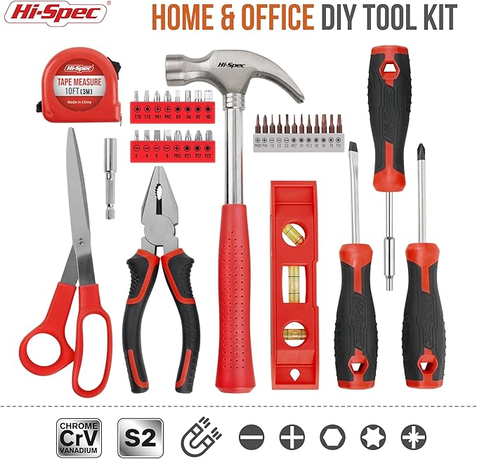 Hi-Spec 38pc Red Household DIY Small Tool Kit. Toolbox Set of Starter Basic Tools Kit for Home & Office