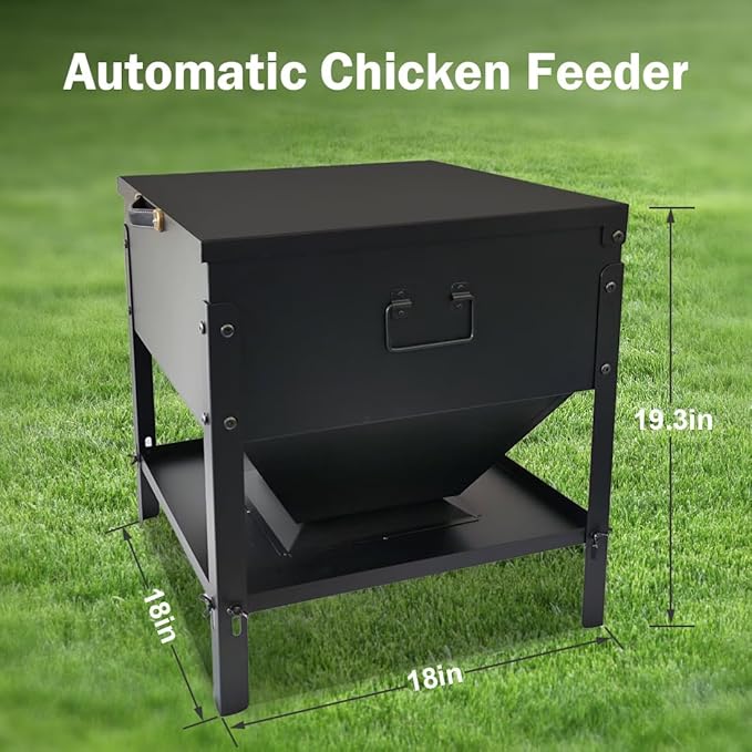 Metal Chicken Feeder No Waste, Large Capacity Poultry Feeder, Adjustable Galvanized Steel Chicken Coop Feeder with Lid and Handle