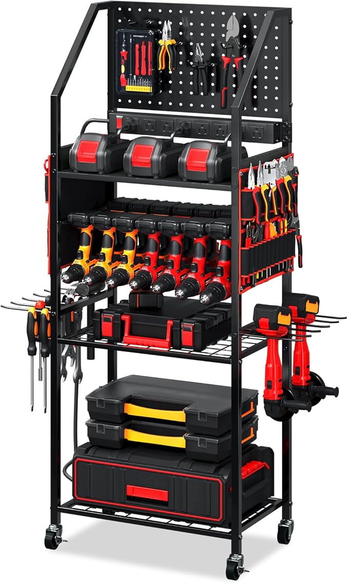 TC-HOMENY Power Tool Organizer Cart with 8 Outlets Charging Power Station, 24 Large Drill Tool Storage Racks with Wheels for Garage, Heavy Duty Tools Organizer Station, Festival Gifts for Men Dads