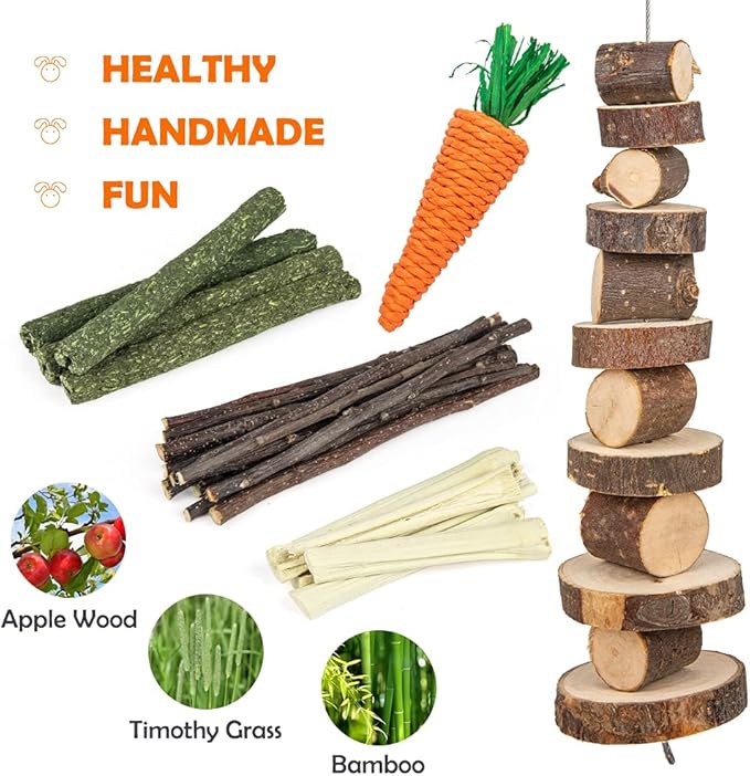 Sofier Rabbit Toys Bunny/Guinea Pig Toys Natural Timothy Hay Hamster for Teeth Handmade Chews and Treats Apple Wood Sticks Chinchilla Rat