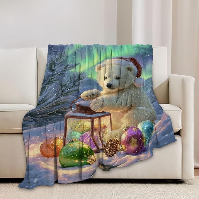 Christmas Polar Bear Blanket Winter Aurora Night Animal Throw Blankets Gifts for Girls Boys Kids White Bear Lover Soft Cozy Fleece Plush for Couch Sofa Bed 60"x50"
