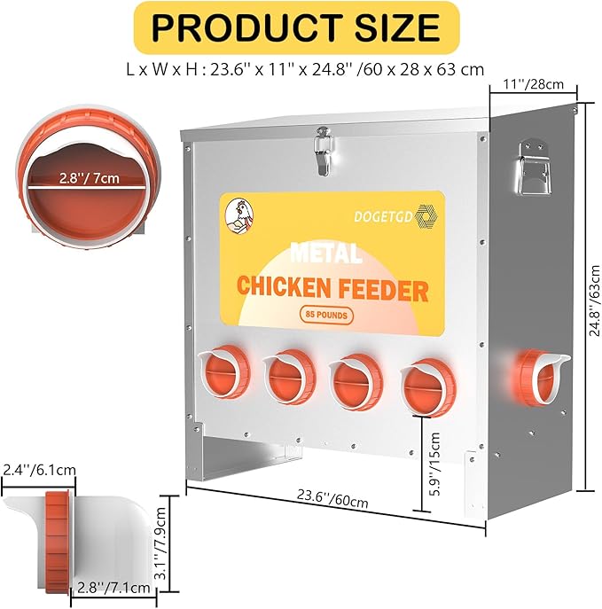 Automatic Chicken Feeder No Waste Metal Poultry Feeder Large Capacity 85 lbs for Chickens, Geese, Ducks, Turkeys, Quails (6-Port)