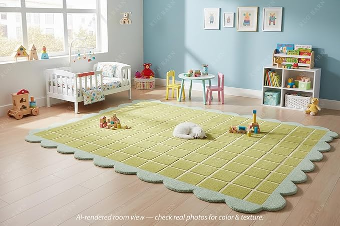 Checkered Wool Area Rug with Scalloped Border, Chartreuse Green & Cream Grid, Hand-Tufted, Soft Cut Pile, Modern Cottagecore Living Room, Bedroom & Nursery Carpet - 4x7 Ft