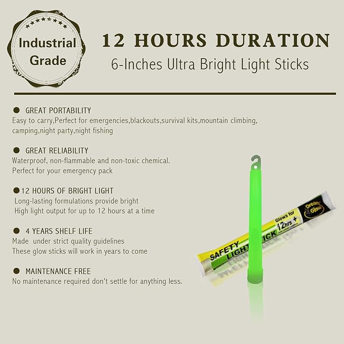 Industrial Grade Glow Sticks(12-90PCS) 6 inches Ultra Bright Emergency Light Sticks for Camping Accessories Hurricane Supplies,Earthquake, Survival Kit More Lasts Over 12 Hours……