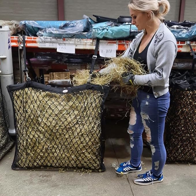 XL Double-Sided Knotless Slow Feed Hay Net – Holds 5–6 Flakes, 2"x2" Openings, Comfortable for Horse Muzzles, 1000D Mesh Side Gussets, Adjustable Hanging Strap, Durable & Safe Design