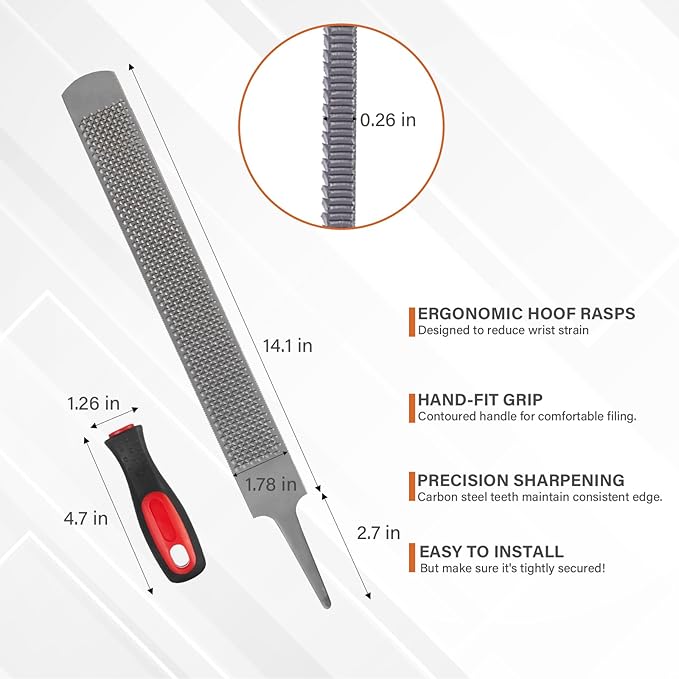 18Inch Professional Farrier Hoof Rasp - Heavy Duty Carbon Steel Hoof Trimmer for Horses, Cattle, Goats, Donkeys, Ergonomic Handle with Sharp Teeth, Durable Animal Hoof and Wood File Tool