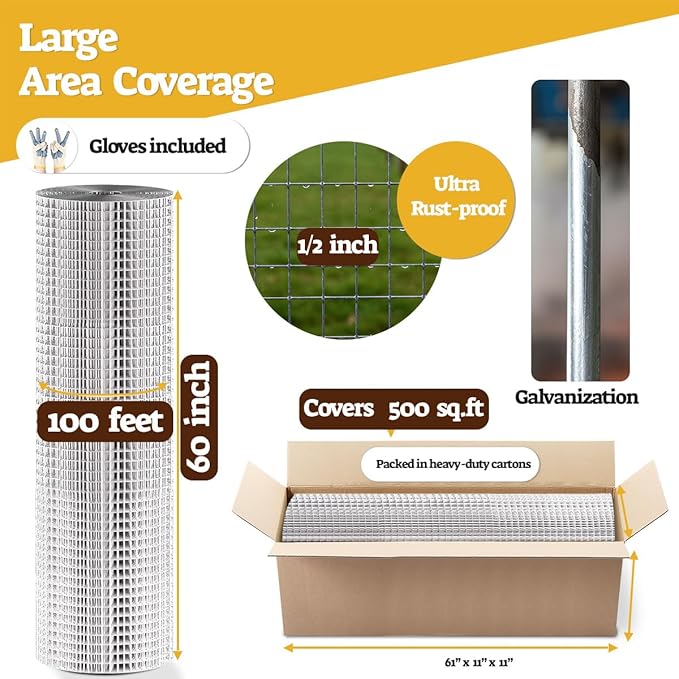 HORCH Hardware Cloth 1/2 inch 60 x 100 ft 19 Gauge, Wire Mesh Roll, Chicken Wire Fencing, Wire Fence Roll, Galvanized Mesh, Tree Guard, Mesh & Wire Cloth, Rat Wire, Hardware Mesh, Gopher Wire