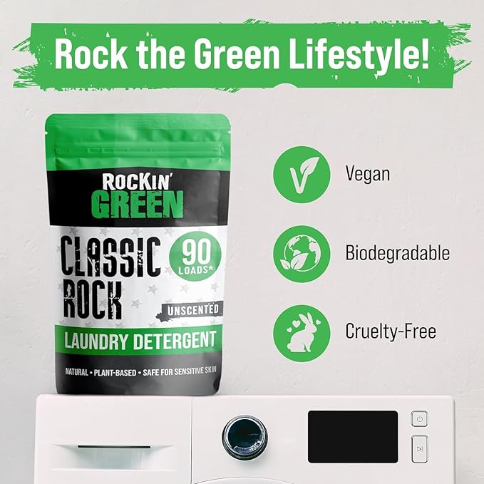 Rockin' Green Classic Rock Laundry Detergent Powder (90 Loads) - All Natural Laundry Detergent - Sensitive Skin Laundry Powder (Unscented)