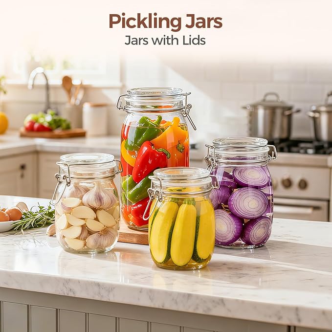 ComSaf Large Glass Jars with Lid 0.5 Gallon, Large Mason Jars Set of 3, Glass Canisters with Airtight Lids, Half Gallon Canning Jar with Seal Wire Clip Fastening for Kitchen, Pickle, Flour, Sugar