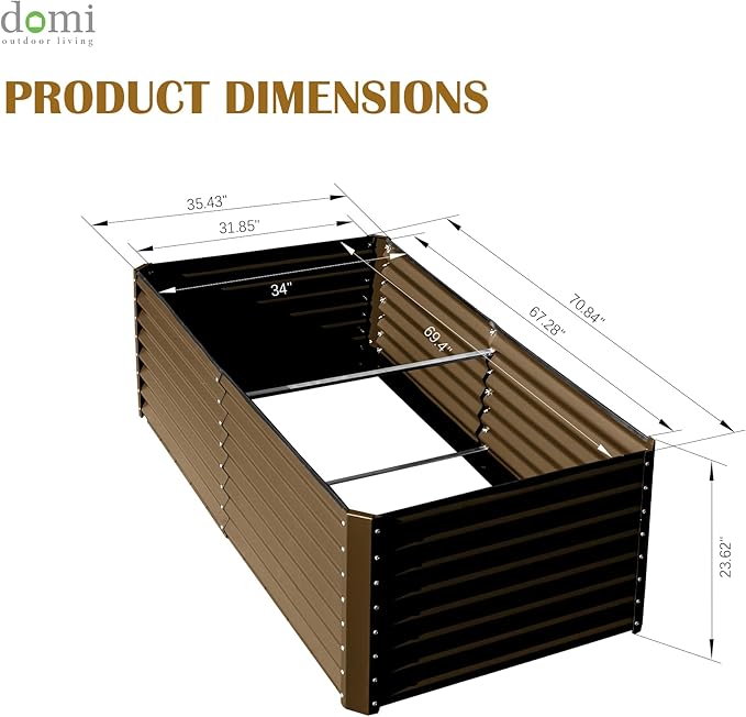 Domi 6x3x2ft Metal Raised Garden Beds Outdoor, Thickened Galvanized Steel Deep Root Planter Box with Stabilizing Bars & Rubber Edging for Vegetables, Flowers, Herbs - Brown