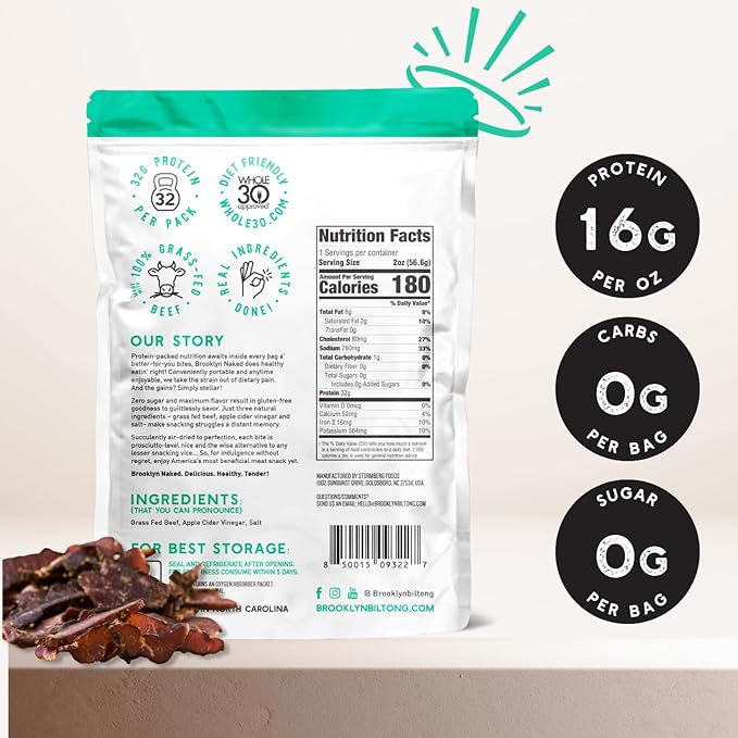 Brooklyn Naked Tender Slices Air Dried Grass Fed Beef Snack, Stripped down Clean Beef Jerky (2oz, Pack of 8) - AIP, Approved, Whole30 Approved, Paleo, Keto, Gluten Free, Sugar Free, Made in USA - (Naked Classic)