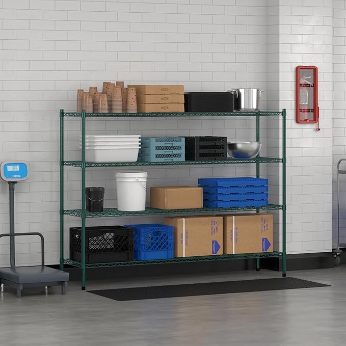 Commercial NSF Listed Green Epoxy Stationary Wire Shelving Kit 18" x 72" x 54", with 4 Shelves Perfect for Warehouse, Walk-in Refrigerator, Freezer, Grocery Store, Restaurant, Dishroom