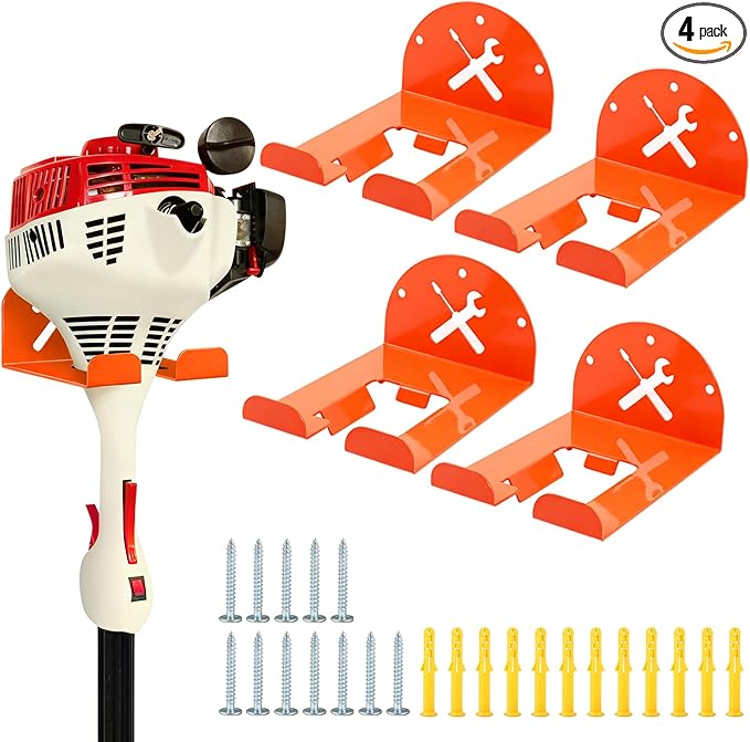 Trimmer Rack Wall Mount - Heavy Duty Wall Hanger for Grass Trimmer Garden Tools Chainsaw Hedge Trimmer 4 Pack Orange