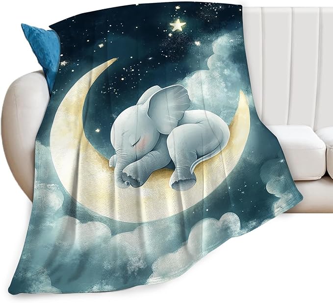 Elephant Throw Blanket Ultra Soft Cozy Cute Elephant on Moon Blanket Fleece Fuzzy Plush Elephant Lovers Decor Gifts for Women Girls Adults Couch Sofa 60"x50"