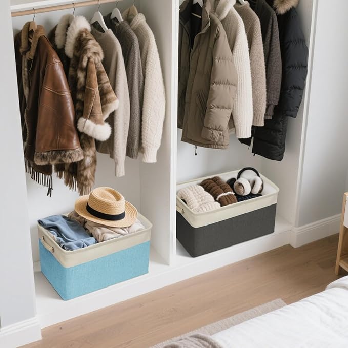 BALEINE 2 Pack Fabric Storage Bins for Shelves, Linen Storage Baskets for Organizing, Decorative Closet Bins for Clothes, Home (Navy Blue, 15"x11"x9.5") ﻿