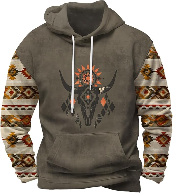 Mens Hooded Sweatshirt Vintage American Element Long Sleeve Fall Hoodie Classic Drawstring Front Pocket Pullover