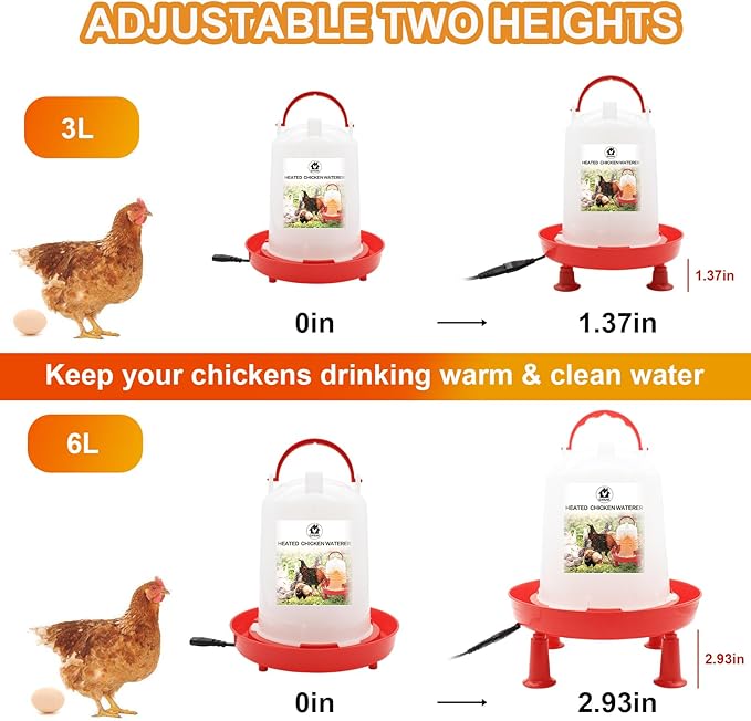 3L Chicken Waterer Heated for Winter Chicken Water Heater with Adjustable Leg Support 35W BPA-Free Heated Poultry Waterer Heavy Duty All in One Heated Waterer for Chicken Coop