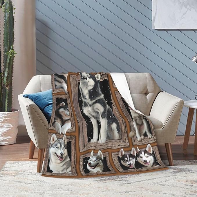 Siberian Husky Throw Blanket Funny Huskey Dogs Flannel Blankets Huskies Fuzzy Plush Super Soft Cozy Warm Decor Gifts for Boys Girls Kids Adults Men Women 50" x 60"