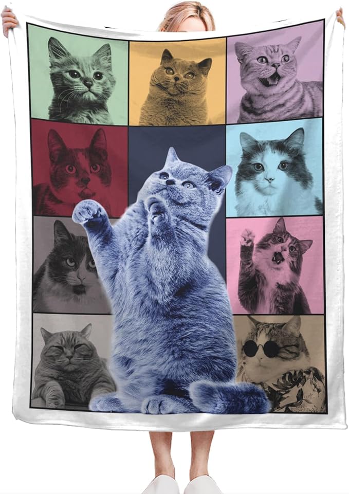 Cat Blanket Decor Gifts for Cat Lover Flannel Fleece Fuzzy Cat Throw Blanket Soft Warm Cozy Plush Colorful Animal Blanket for Bed Couch Living Room Stuffed Decoration for Kids Adult 60"x50"
