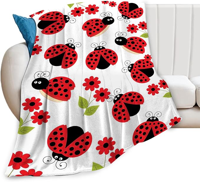 Ladybug Blanket, Lady Bug Cartoon Throw Blankets, Flower Green Leaves Fuzzy Plush Blanket Ultra Soft for Animal Lover Gift Kids Teens Women Men Girls Boys Stuff Decor for Bedding Sofas Couch 60"X50"