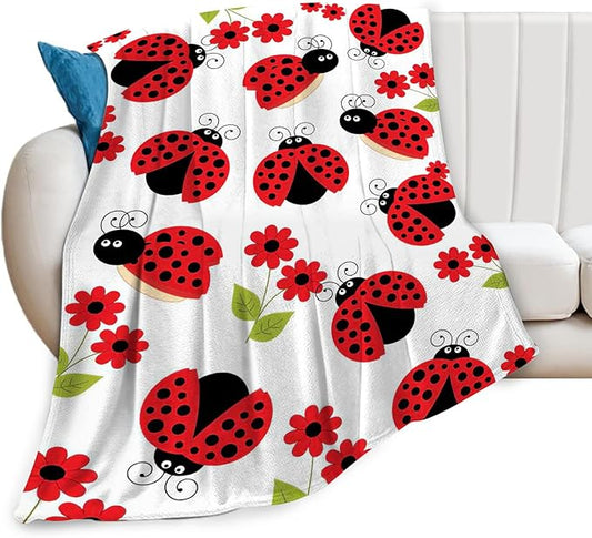 Ladybug Blanket, Lady Bug Cartoon Throw Blankets, Flower Green Leaves Fuzzy Plush Blanket Ultra Soft for Animal Lover Gift Kids Teens Women Men Girls Boys Stuff Decor for Bedding Sofas Couchh 80"X60"