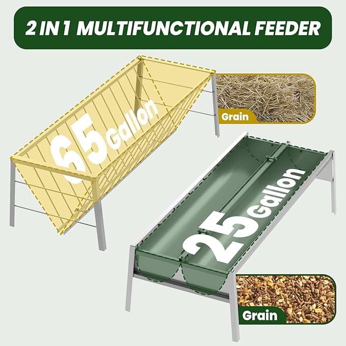 Hay Feeder Goat, 90 Gallon Large Capacity Goat Hay Feeder, Hay Rack for Goats, Sheep, Horse, Detachable Grain Tray, Easy Assembly in Farm (Stainless Steel)