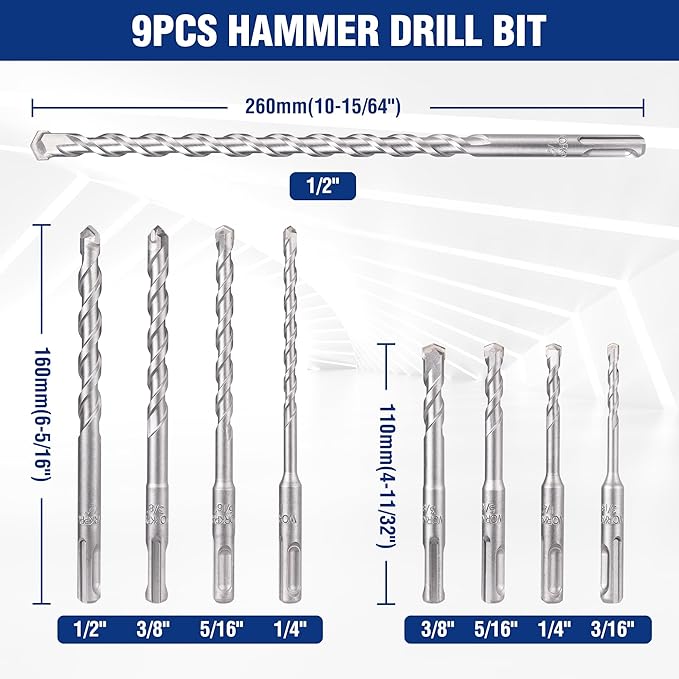 WORKPRO 16-Piece SDS-Plus Rotary Hammer Drill Bits and Chisel Set, Carbide-Tipped Masonry Drill Bits and Chisels for Concrete, Stone, Brick, with Storage Case, SDS Chuck Fit Only