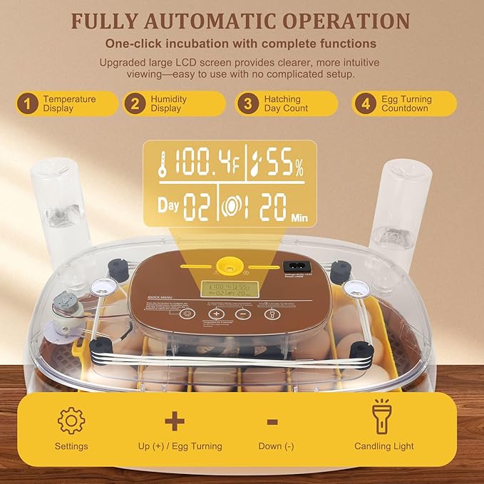 24 Egg Incubator for Hatching with Automatic Turner, Smart Temperature & Humidity Control, 360° Viewing, Egg Candler, Auto Water Refill, Ideal for Chicken, Duck, Quail, Goose-Brown (24 Egg-Brown)