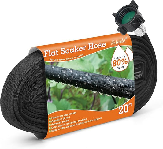 AIODE Flat Soaker Hose 20FT for Garden Beds Drip Hose Heavy Duty Save 80% Water for Vegetable Tree (20FT)