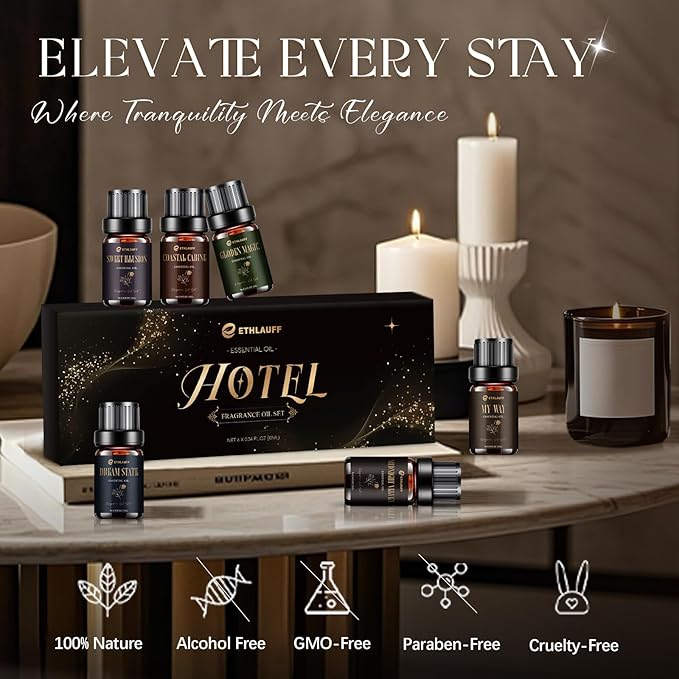Hotel Diffuser Oils, Hotel Collection Diffuser Oil, Luxury Essential Oil Set for Diffuser, Soap & Candle Making Scents - My-Way, Dream State, Coastal Cabine, Gloden Magic, Midnight Velvet