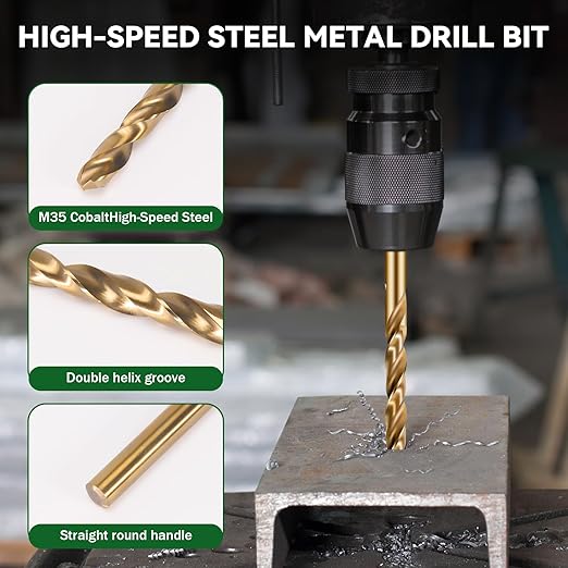 Cobalt Drill Bit Set, 8Pcs 1/8" 3/16" 1/4" 3/8" M35 High Speed Steel Jobber Length Kit Premium Metal Drill Bits for Hardened Steel Stainless Steel Cast Iron Plus Wood Plastic