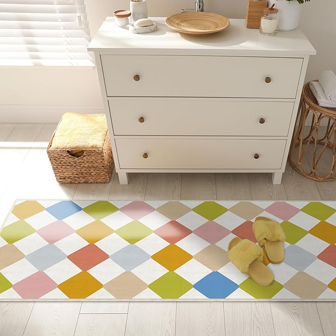 Washable Checkered Neutral Runner for Hallway Bedroom 2x6 Modern Geometry Non Slip Colorful Area Rug Low Pile Indoor Floor