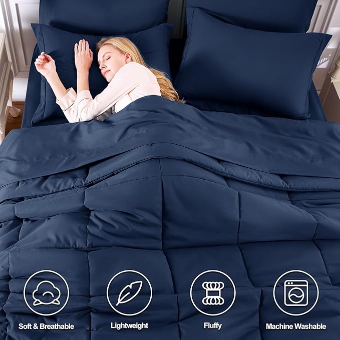 CozyLux Queen Comforter Set Navy Blue - 7 Pieces Bed in a Bag Queen, All Season Breathable Bedding Sets, Oeko-Tex Certified Bed Set with Down Alternative Comforter, Sheets, Pillowcases & Pillow Shams