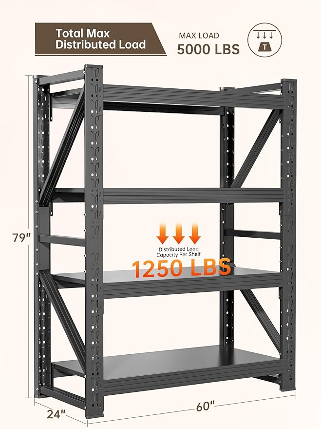 4-Tier Storage Shelves,79" H Heavy-Duty Garage Shelving Unit,Adjustable Industrial Metal Shelf System,5,000lbs Capacity,Tool Organizer for Garage,Workshop,60" W*24" D*79" H,Black