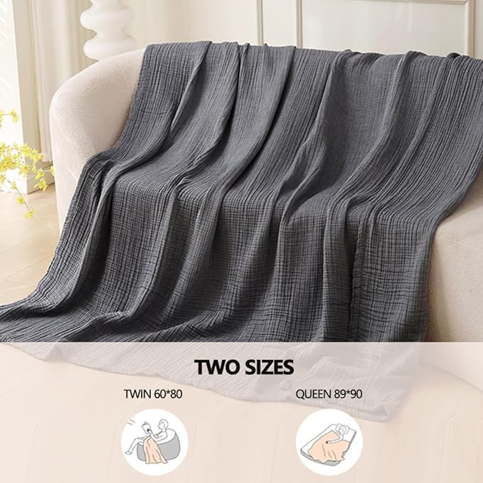 Boho Throw Blanket, 100% Cotton Ultra Soft Luxury Throw Rustic Quilt, Muslin Breathable Soft Bed Throw ，All Throw for Sofa Couch Chair 60×80 Inch (Grey Cotton Blanket 80x90 Inch, 80x90 Inch)