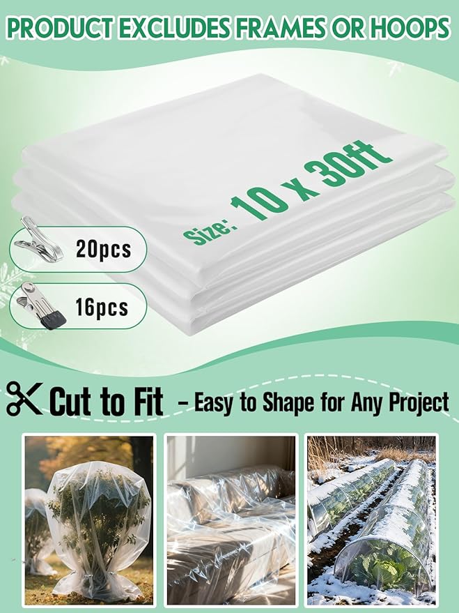Alphatool 10 x 30ft Plant Covers Freeze Protection with 36 Clips - Greenhouse Plastic Sheeting, Frost Cloth Row Cover for Outdoor Garden Plants Winter Vegetables Crops
