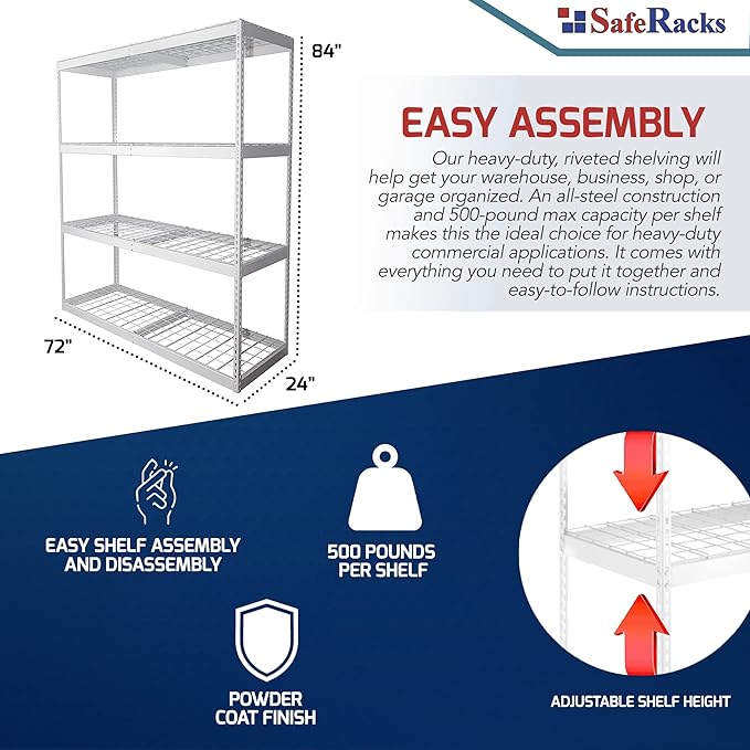 SafeRacks Garage Shelving Unit - All Steel Storage Rack That Holds 500 Pounds Per Shelf - Easy to Assemble, White (24" x 72" x 84")