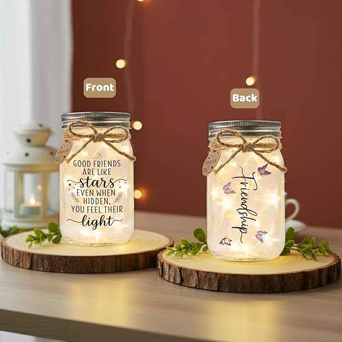 SOLMAY Friendship Gifts for Women – “Good Friends Are Like Stars” Mason Jar Night Light, Best Friend Birthday Gift for Women, Sentimental Christmas Gifts for Her, Cozy Rustic Home Decor Ready to Gift