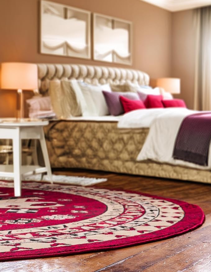 Unique Loom Taftan Collection Border Geometric Tribal Inspired Design Area Rug (8' 0 x 8' 0 Round, Red/ Gold)