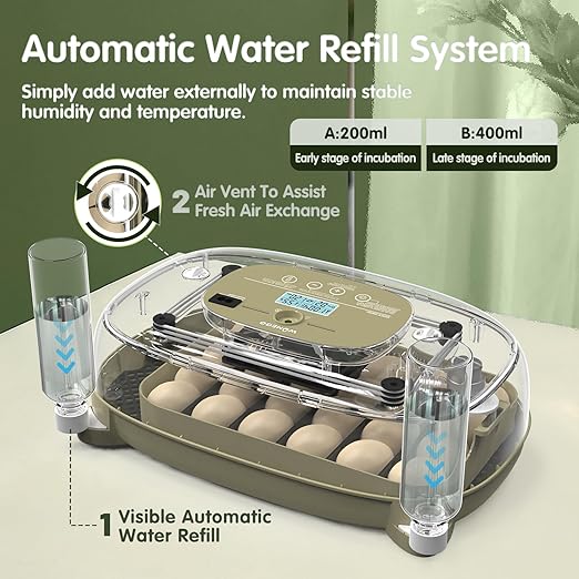 24 Egg Incubator with Automatic Turning, Temperature and Humidity Control, LED Egg Candler, and Auto Water Addition, for Hatching Chicken, Goose, Duck, Quail, Pigeon, and Turkey Eggs