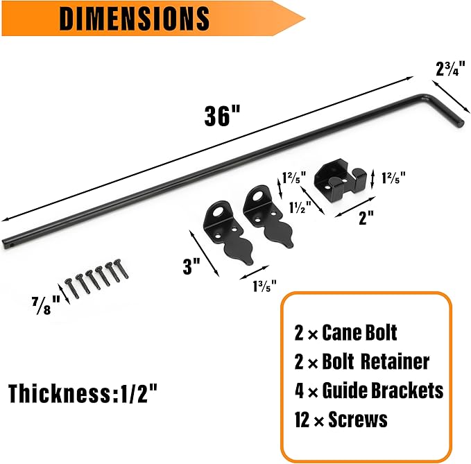 36" Heavy Duty Cane Bolt Gate Drop Rod-Steel Gate Ground Latch Designed for Wood Metal Vinyl Gates or Double Doors Fence Applications-2 Pack