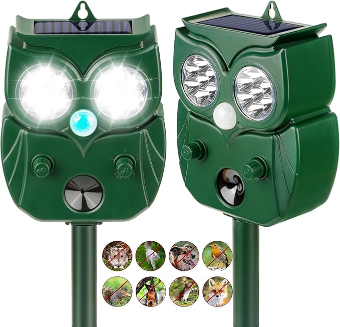 2 Pack 2025 Upgraded Solar Ultrasonic Animal Repellent Outdoor – Motion Activated Deer, Squirrel, Cat, Raccoon, Dog & Bird Deterrent with Multi-Frequency LED Strobe & Ultrasonic Sweep for Yard Garden