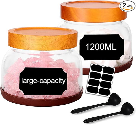 SAIOOL 2-Pack Glass Storage Containers with Lids - D 15cm x H 11cm, 1200 ML Airtight Food Jars, Wide Mouth Pantry Organization for Coffee, Flour, Snacks, Includes 2 Spoons & Labels
