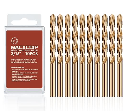 3/16" (10pcs) Cobalt Drill Bit Set, M35 High Speed Steel Jobber Length Drill Bit Kit for Hardened Metal, Stainless Steel, Cast Iron, Wood and Plastic, with Index Storage Case