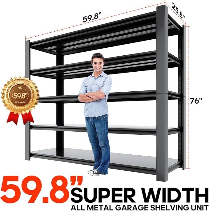 Heavy Duty 5-Tier Garage Storage Shelving Unit, Boltless Metal Rack for Garage Organization, Adjustable Freestanding Steel Shelf, Black, 76H x 60W x 24D