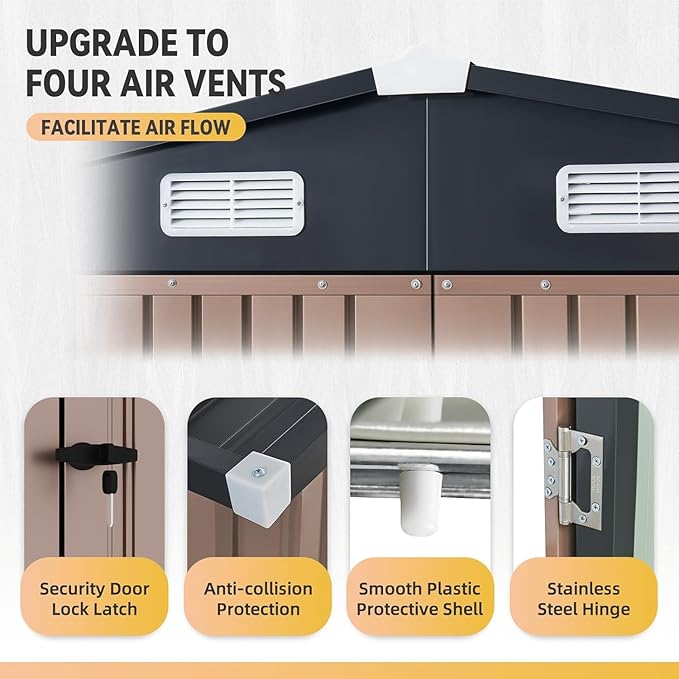 Aoxun 6' x 8' Storage Shed with Base Outdoor Steel Garden Utility Cabinet with Lockable Door Waterproof & Rust-Proof for Yard, Patio, Backyard (Brown, Base Included)