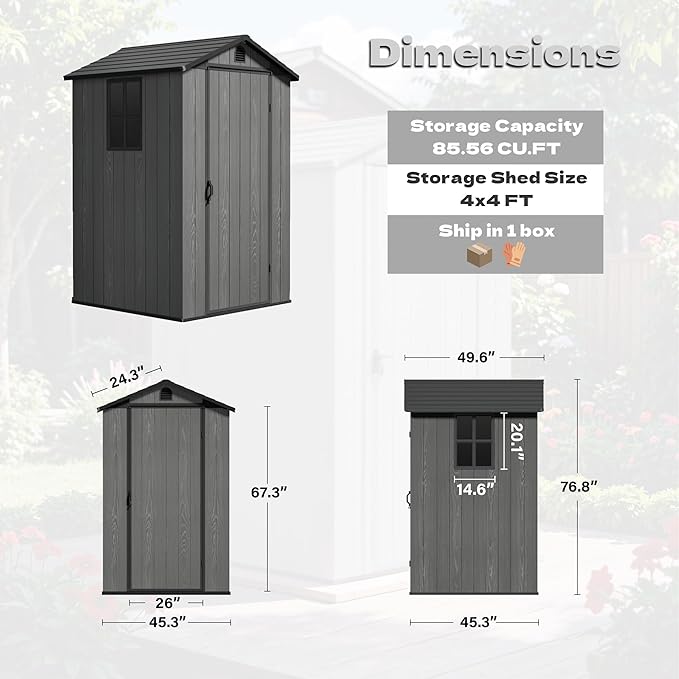 Devoko 4x4 FT Outdoor Shed, Compact & Secure Plastic Resin Storage with Lockable Door, Features Built-in Floor & Window for All-Weather Garden, Patio, and Poolside Organization, Deep Gray