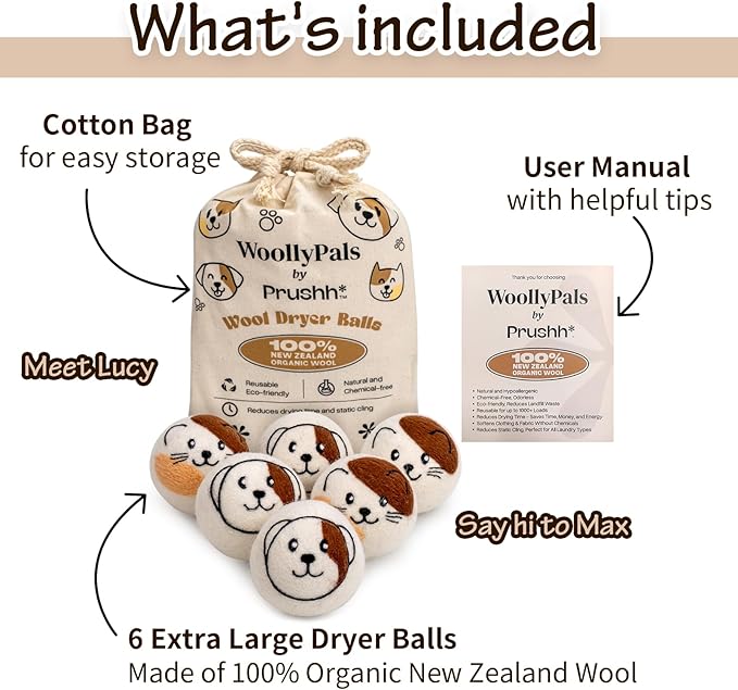 WoollyPals Wool Dryer Balls (6-Pack, XL Size)- 100% New Zealand Organic Wool - Sustainable & Eco-Friendly - Dry 1,000 Loads, Replaces Dryer Sheets, Reduces Static Cling, Reusable (Multi Colour)